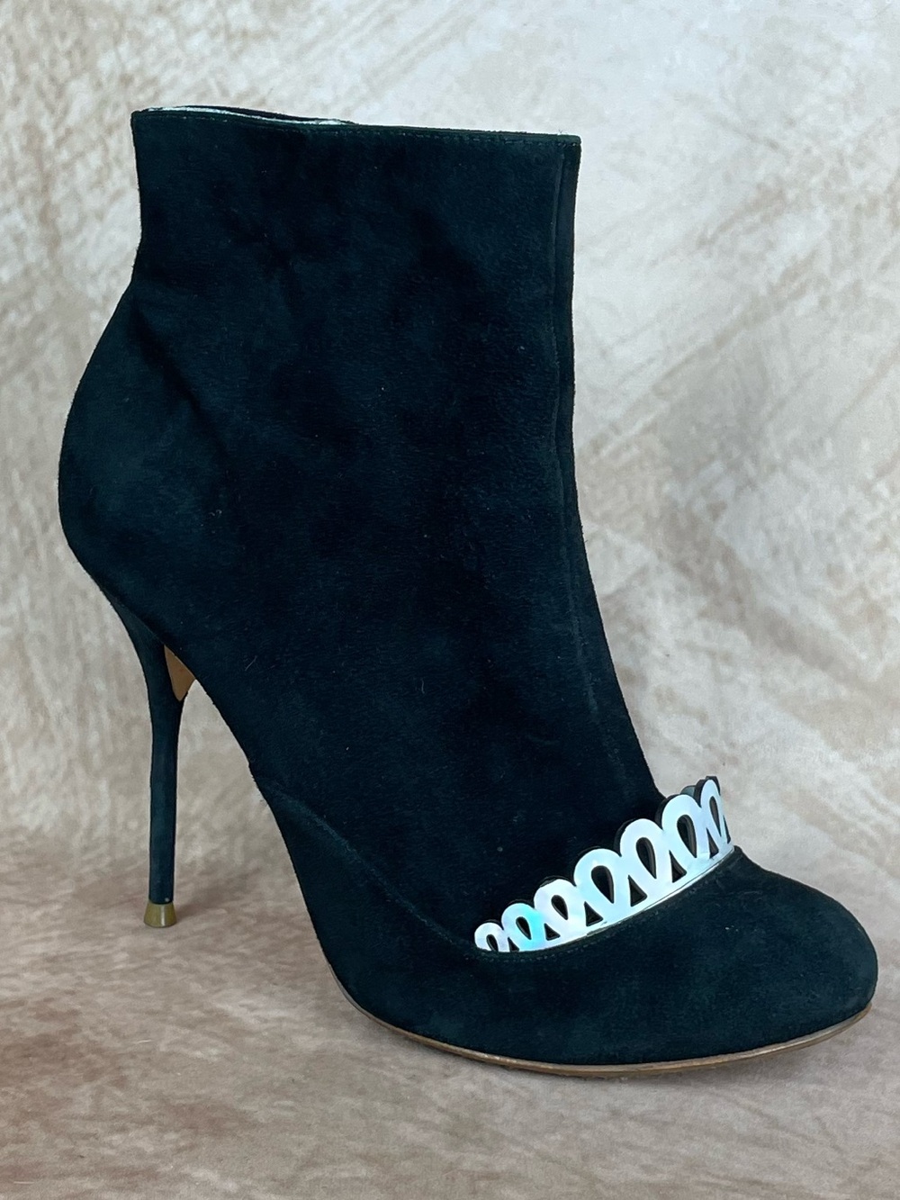 Sophia Webster Black Suede Stiletto Ankle Boot with Silver Crown size 38 US7.5